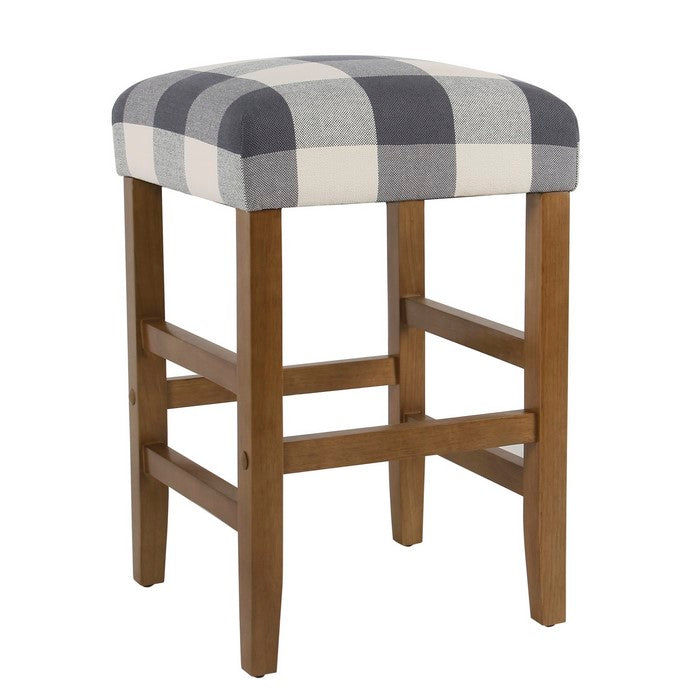 Square Wooden Counter Stool with Buffalo Plaid Fabric Upholstered Seat, Blue and White