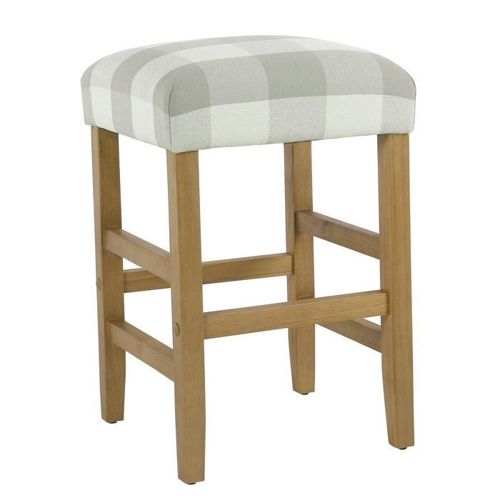 Square Wooden Counter Stool with Buffalo Plaid Fabric Upholstered Seat, Gray and White