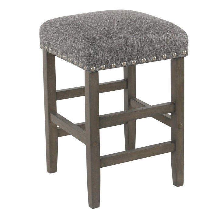 Wooden Counter Stool with Fabric Padded Seat and Nail Head Trim, Gray