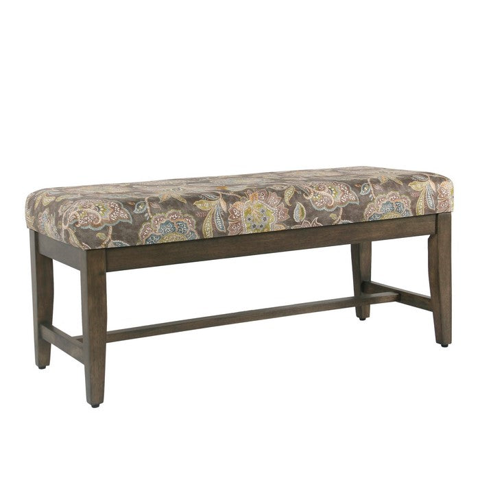 Wooden Bench with Floral Patterned Fabric Upholstered Seat, Multicolor