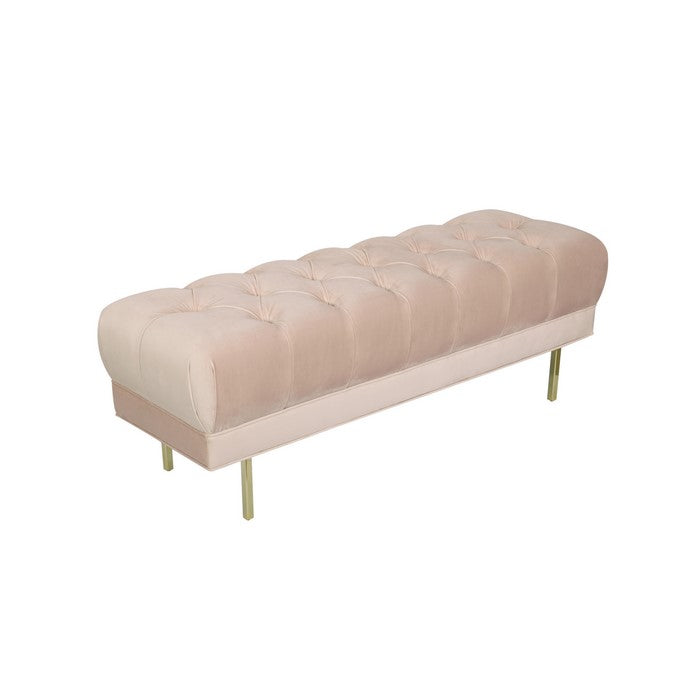 Velvet Upholstered Metal Bench with Deep Button Tufted Details, Pink and Gold