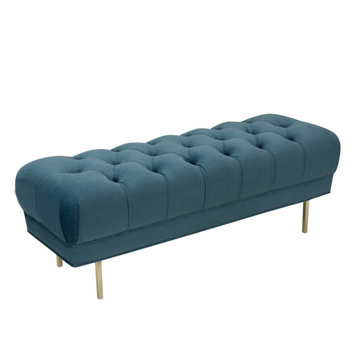 Velvet Upholstered Metal Bench with Deep Button Tufted Details, Blue and Gold