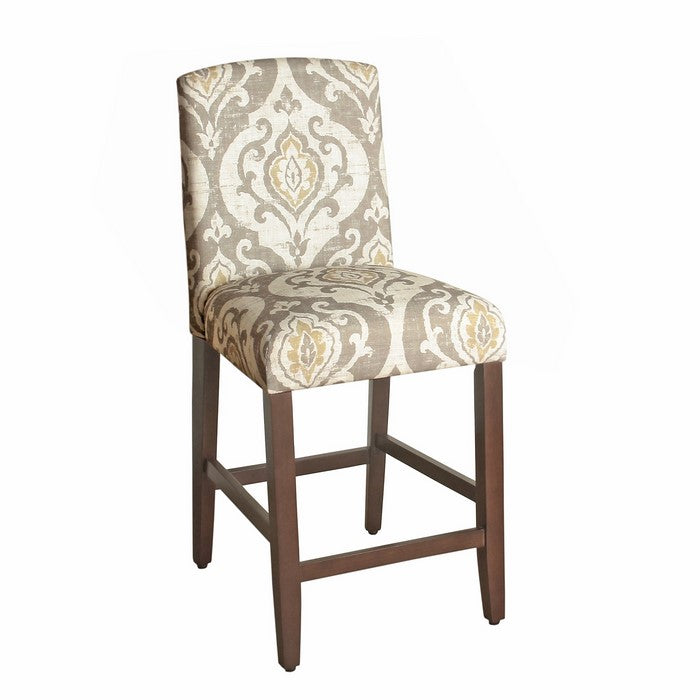 Fabric Upholstered Wooden Barstool with Medallion Pattern Cushioned Seat, Multicolor