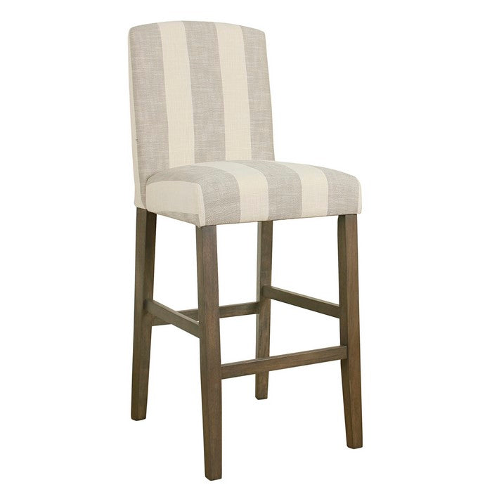 Fabric Upholstered Wooden Barstool with Awning Stripe Pattern, White and Gray, Large