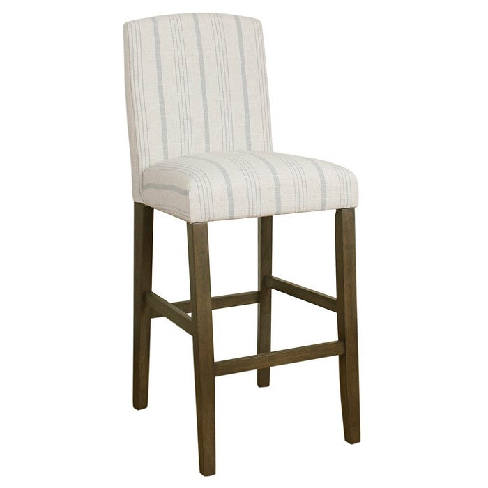 Fabric Upholstered Wooden Barstool with Striped Cushioned Seat, White and Gray