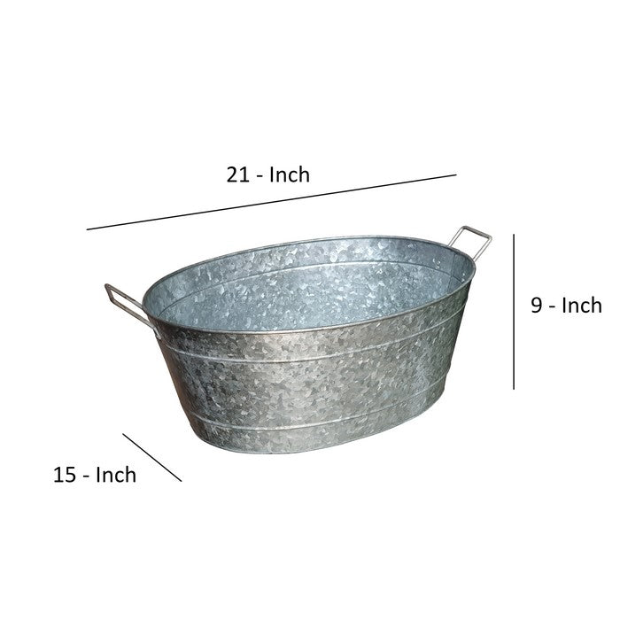 Embossed Design Oval Shape Galvanized Steel Tub with Side Handles, Small, Silver