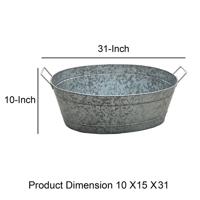 Embossed Design Oval Shape Galvanized Steel Tub with Side Handles, Large, Silver