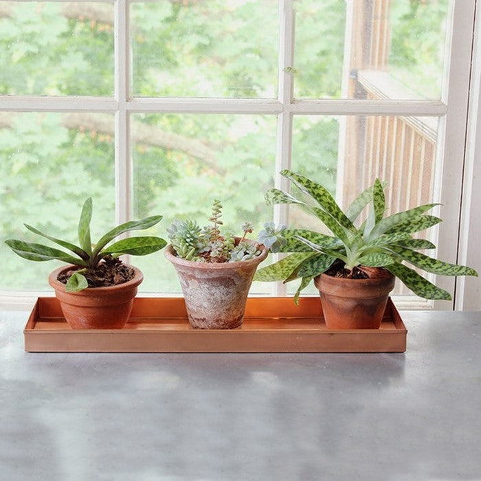 20 Inch Rectangular Metal Window sill Plant Tray with Trim Edges, Small, Copper