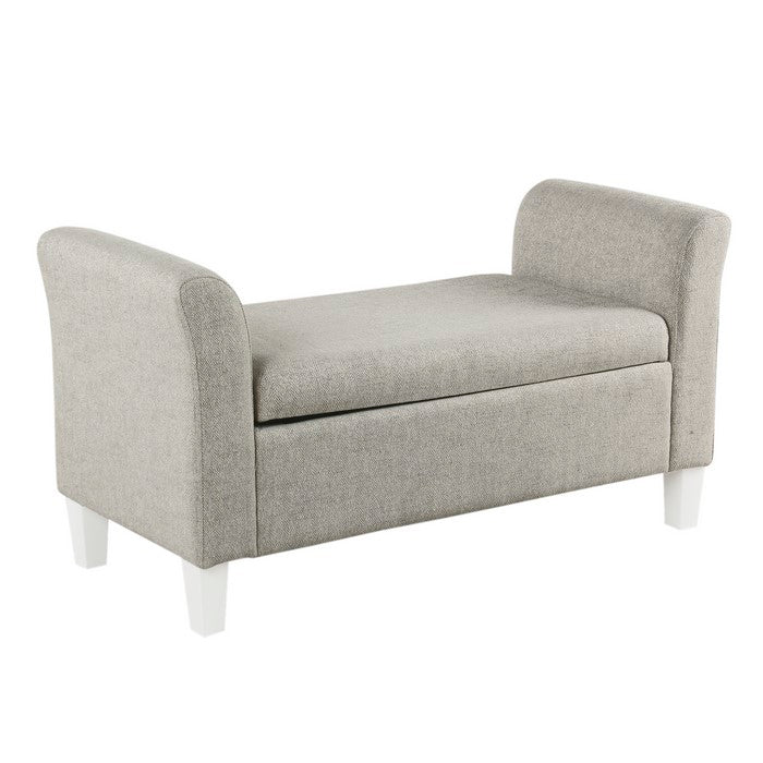 Textured Fabric Upholstered Wooden Kids Bench Settee with Hinged Storage, Gray and White