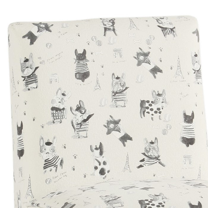 French Bulldog Print Fabric Upholstered Kids Slipper Chair With Wooden Legs, Cream and White
