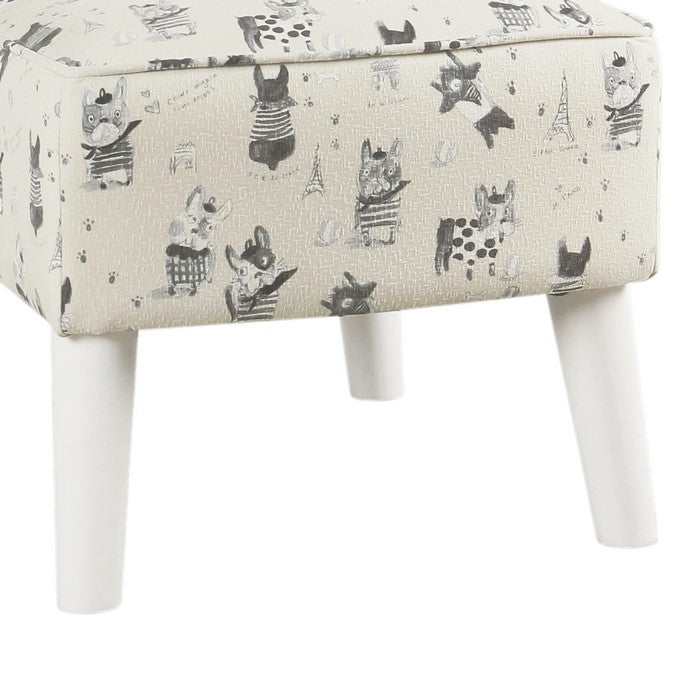 French Bulldog Print Fabric Upholstered Kids Slipper Chair With Wooden Legs, Cream and White