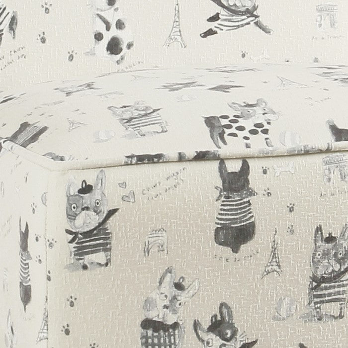 French Bulldog Print Fabric Upholstered Kids Slipper Chair With Wooden Legs, Cream and White