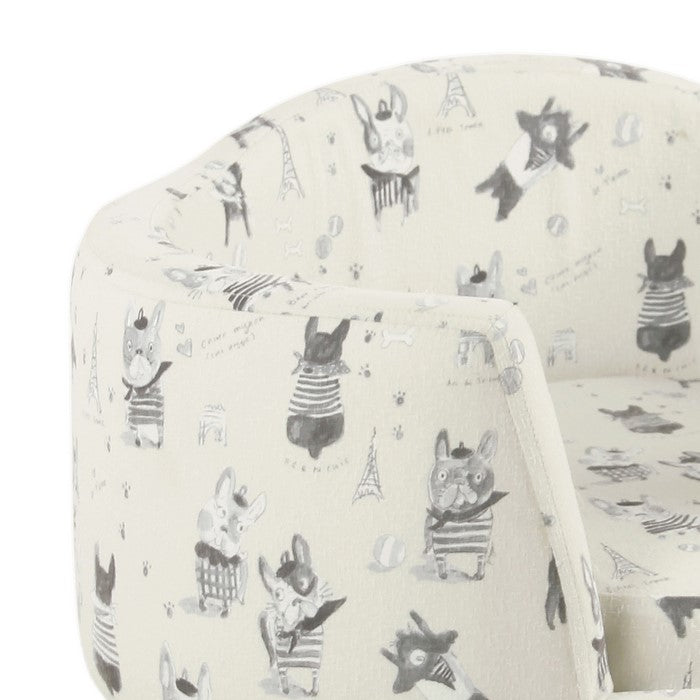 Wooden Pet Bed with French Bulldog Print Fabric Upholstery, Cream and Gray