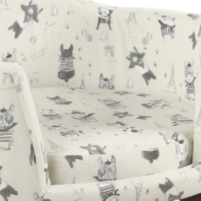 Wooden Pet Bed with French Bulldog Print Fabric Upholstery, Cream and Gray