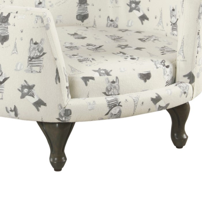 Wooden Pet Bed with French Bulldog Print Fabric Upholstery, Cream and Gray