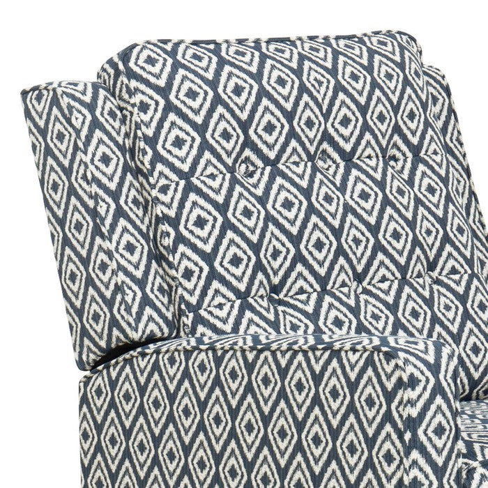Geometric Pattern Fabric Upholstered Recliner Chair With Wooden Tapered Legs, Blue and Brown