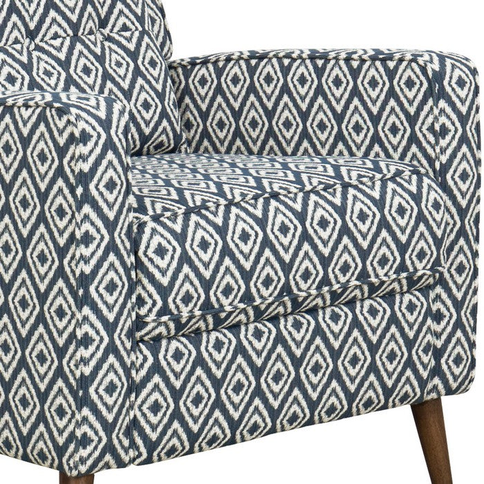 Geometric Pattern Fabric Upholstered Recliner Chair With Wooden Tapered Legs, Blue and Brown