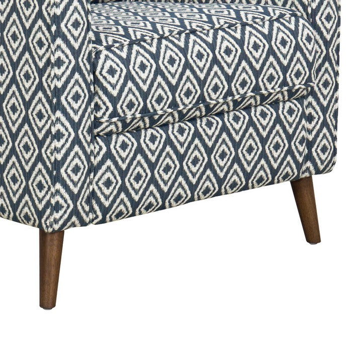 Geometric Pattern Fabric Upholstered Recliner Chair With Wooden Tapered Legs, Blue and Brown