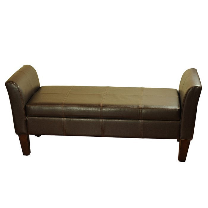 Leatherette Upholstered Storage Bench With Tapered Wooden Legs, Brown