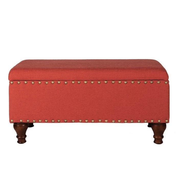 Fabric Upholstered Wooden Storage Bench With Nail head Trim, Large, Orange and Brown