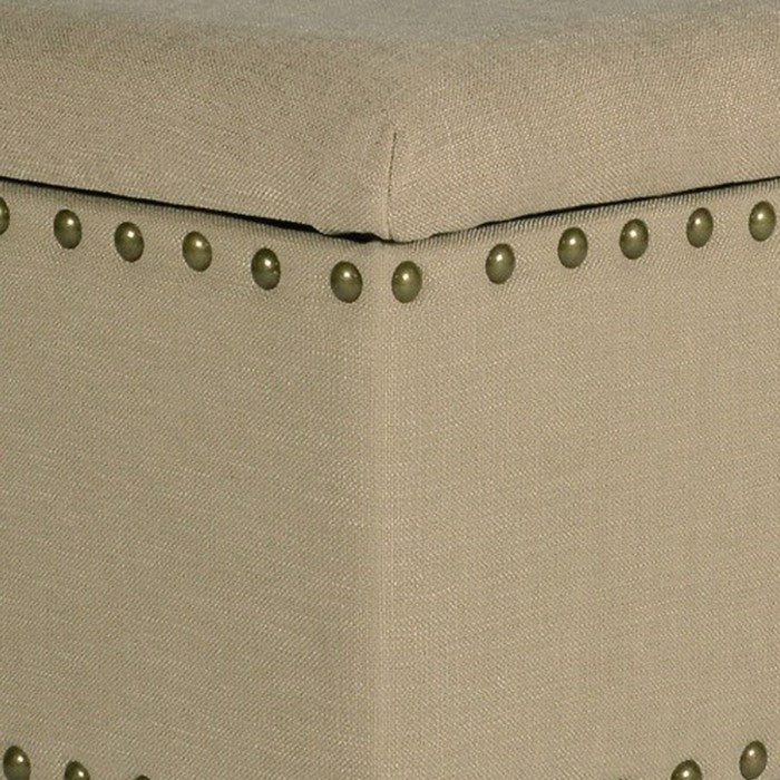Fabric Upholstered Wooden Storage Bench With Nail head Trim, Large, Beige and Brown