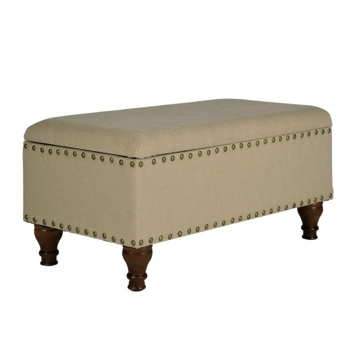 Fabric Upholstered Wooden Storage Bench With Nail head Trim, Large, Beige and Brown