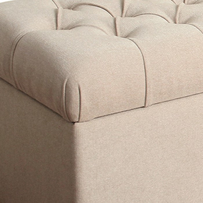 Fabric Upholstered Button Tufted Wooden Bench With Hinged Storage, Cream and Brown