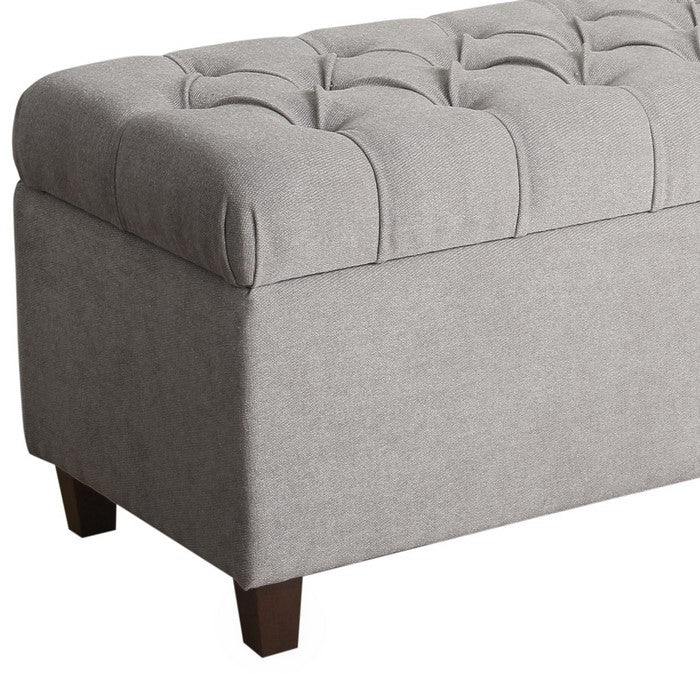 Fabric Upholstered Button Tufted Wooden Bench With Hinged Storage, Gray and Brown