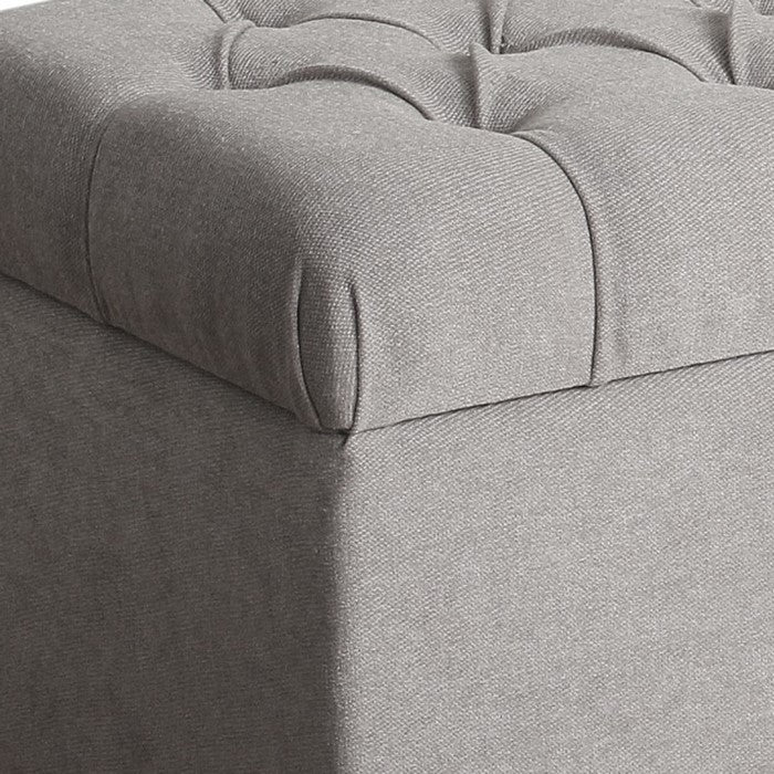 Fabric Upholstered Button Tufted Wooden Bench With Hinged Storage, Gray and Brown