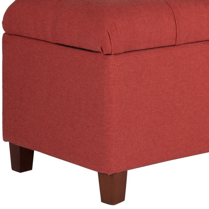 Fabric Upholstered Button Tufted Wooden Bench With Hinged Storage, Red and Brown
