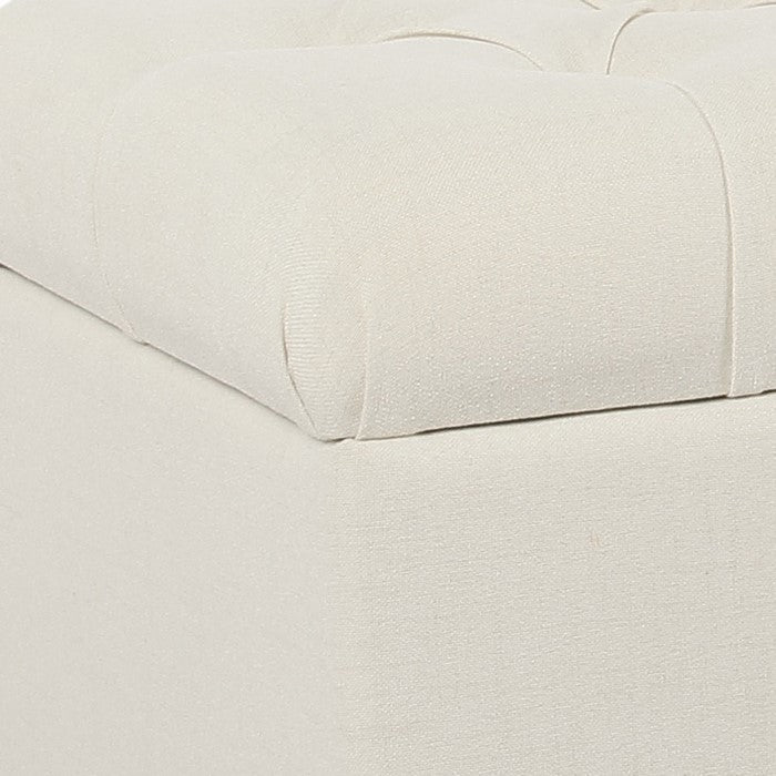 Fabric Upholstered Button Tufted Wooden Bench With Hinged Storage, White and Brown