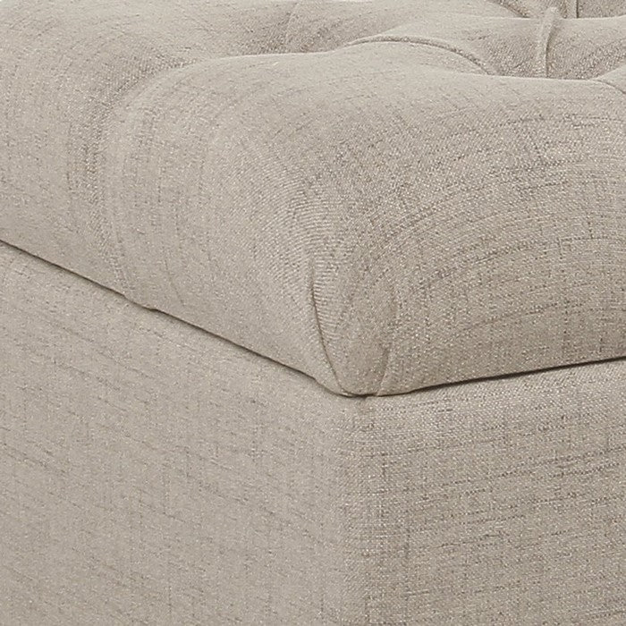 Fabric Upholstered Button Tufted Wooden Bench With Hinged Storage, Beige and Brown