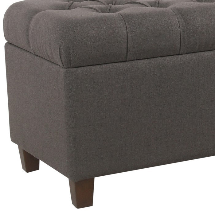 Fabric Upholstered Button Tufted Wooden Bench With Hinged Storage, Dark Gray and Brown