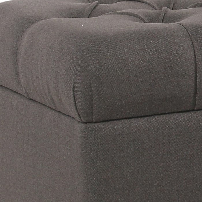 Fabric Upholstered Button Tufted Wooden Bench With Hinged Storage, Dark Gray and Brown