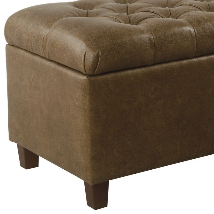 Leatherette Upholstered Button Tufted Wooden Bench With Hinged Storage, Brown