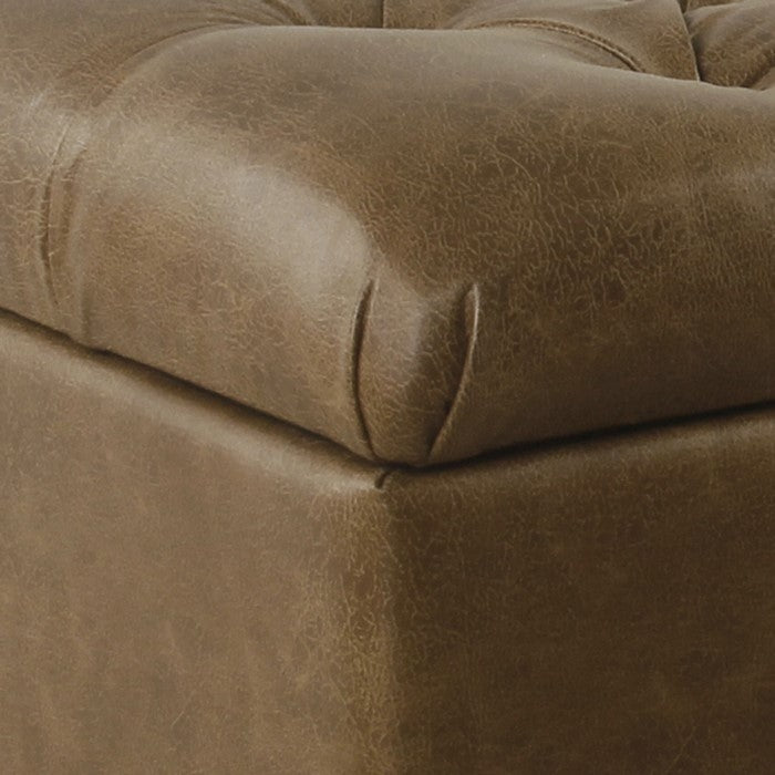Leatherette Upholstered Button Tufted Wooden Bench With Hinged Storage, Brown