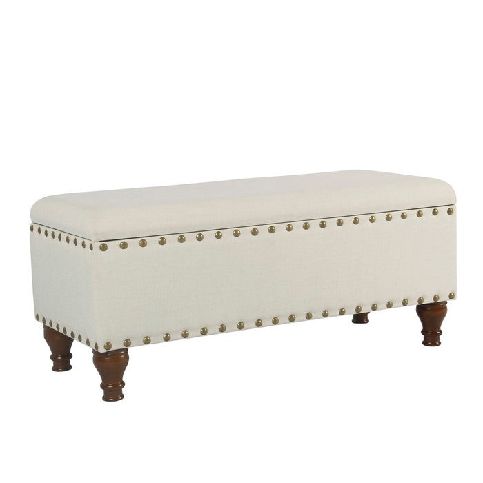 Fabric Upholstered Wooden Storage Bench With Nail head Trim, Large, Cream and Brown