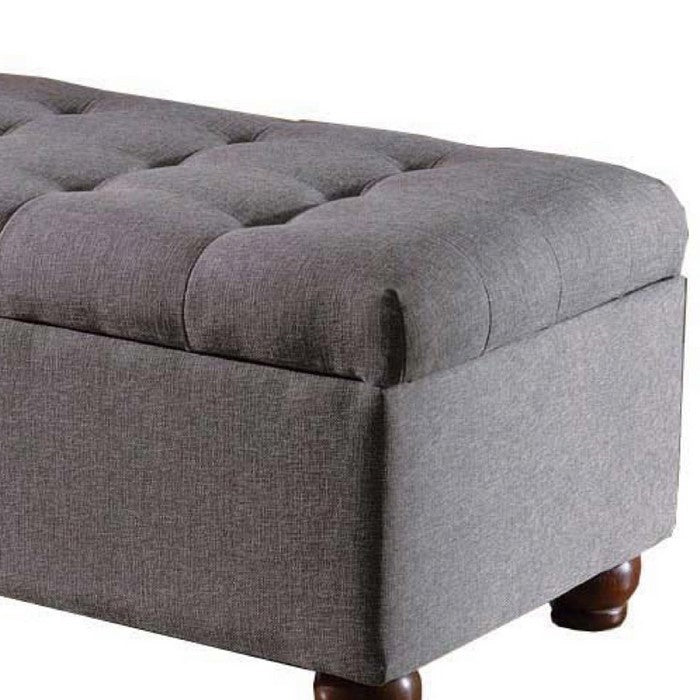 Fabric Upholstered Tufted Storage Bench With Wooden Bun Feet, Gray and Brown
