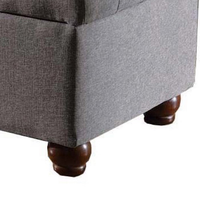 Fabric Upholstered Tufted Storage Bench With Wooden Bun Feet, Gray and Brown