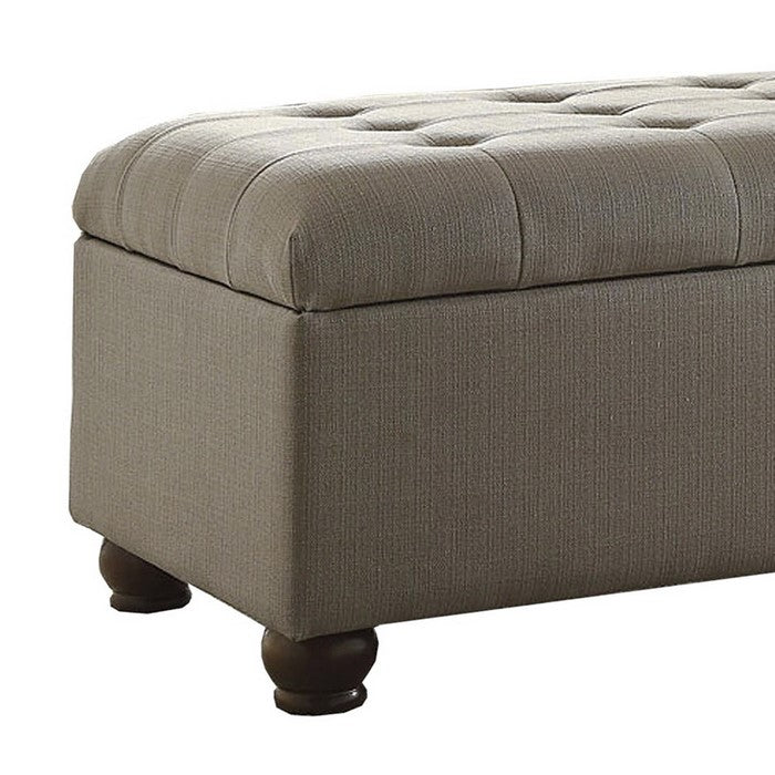 Textured Fabric Upholstered Button Tufted Storage Bench With Wooden Bun Feet, Gray and Brown