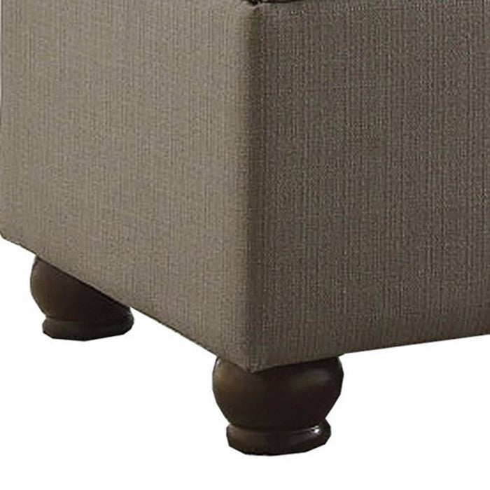 Textured Fabric Upholstered Button Tufted Storage Bench With Wooden Bun Feet, Gray and Brown