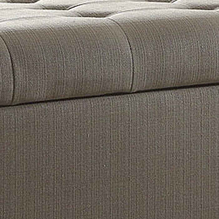 Textured Fabric Upholstered Button Tufted Storage Bench With Wooden Bun Feet, Gray and Brown