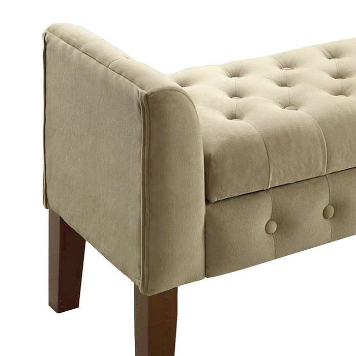 Velvet Upholstered Button Tufted Wooden Bench Settee With Hinged Storage, Beige and Brown