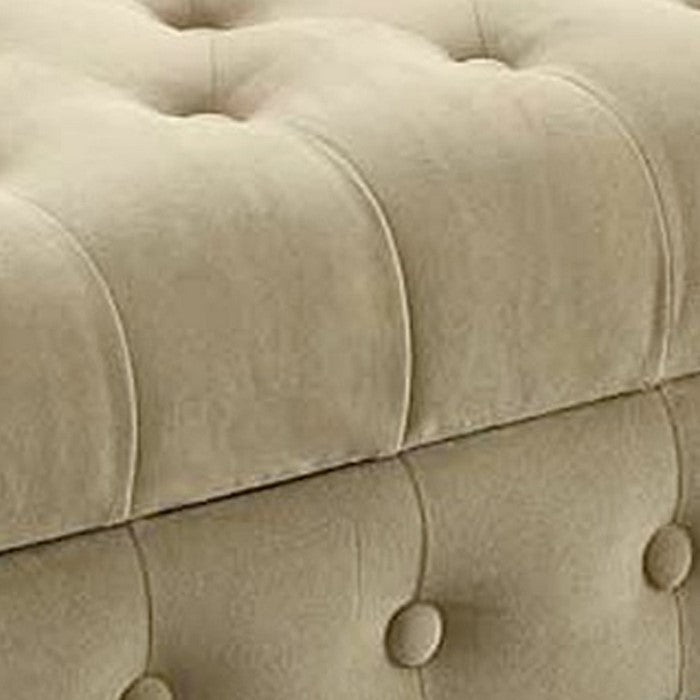 Velvet Upholstered Button Tufted Wooden Bench Settee With Hinged Storage, Beige and Brown