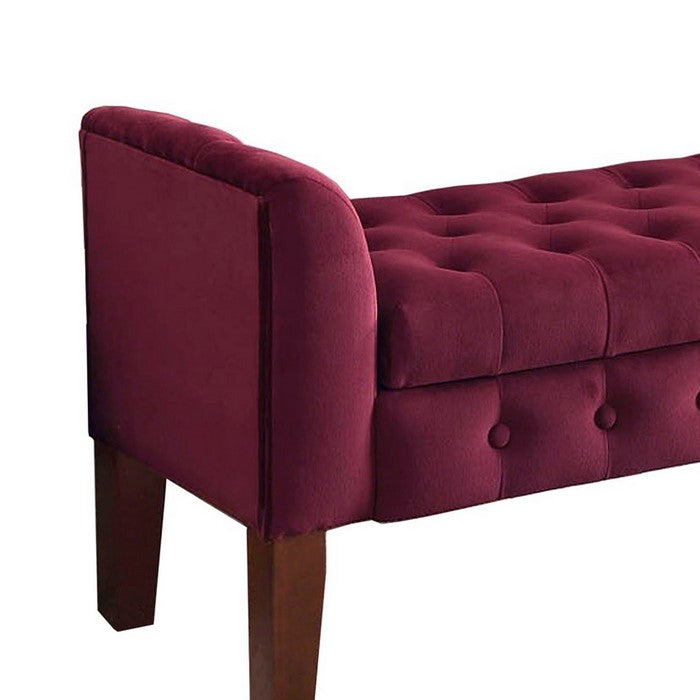 Velvet Upholstered Button Tufted Wooden Bench Settee With Hinged Storage, Pink and Brown