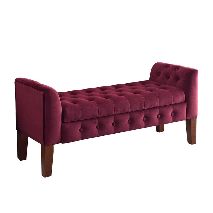 Velvet Upholstered Button Tufted Wooden Bench Settee With Hinged Storage, Pink and Brown