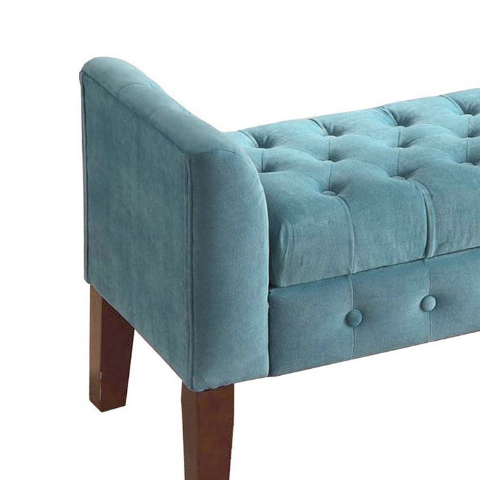 Velvet Upholstered Button Tufted Wooden Bench Settee With Hinged Storage, Teal Blue and Brown