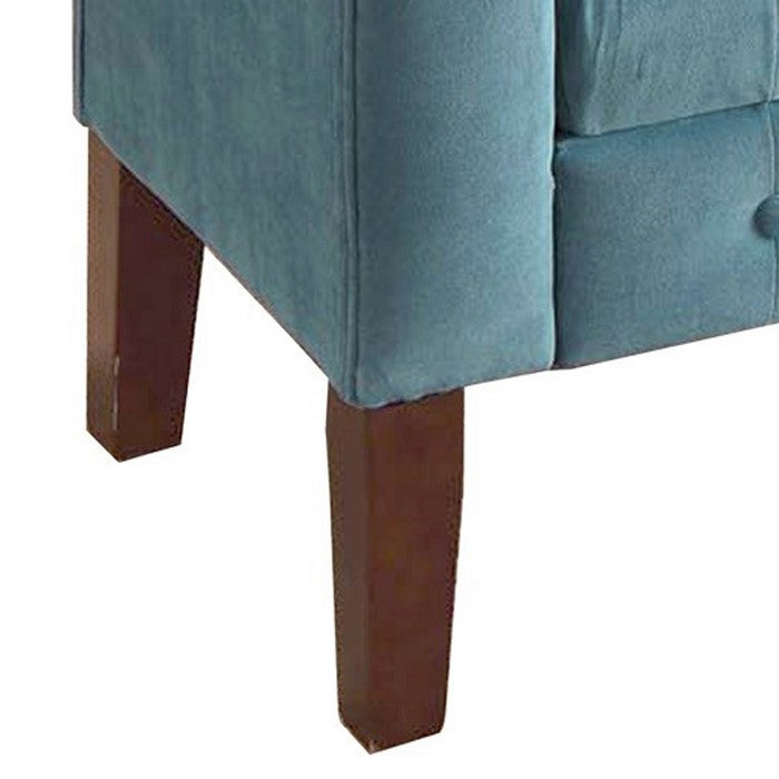Velvet Upholstered Button Tufted Wooden Bench Settee With Hinged Storage, Teal Blue and Brown