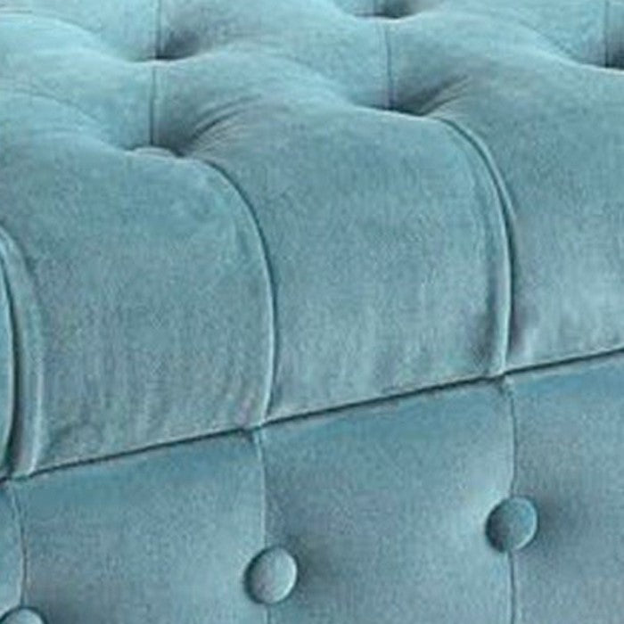 Velvet Upholstered Button Tufted Wooden Bench Settee With Hinged Storage, Teal Blue and Brown