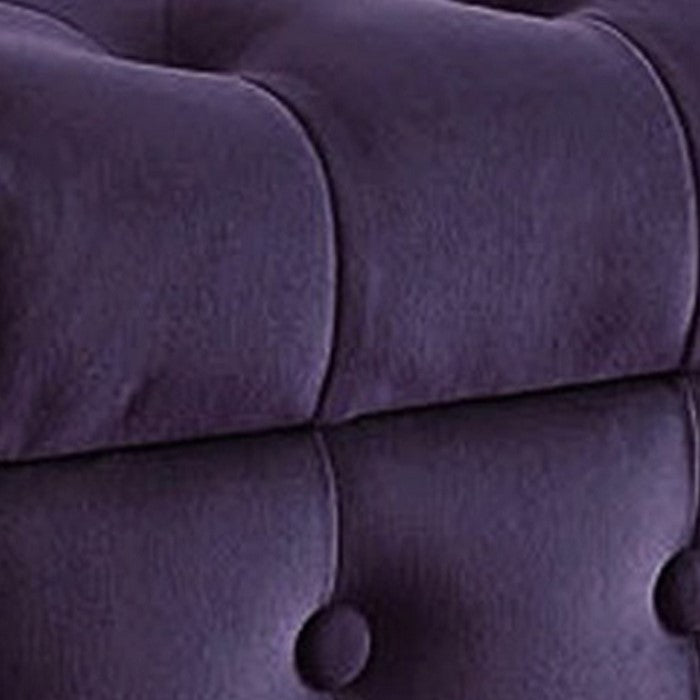 Velvet Upholstered Button Tufted Wooden Bench Settee With Hinged Storage, Purple and Brown